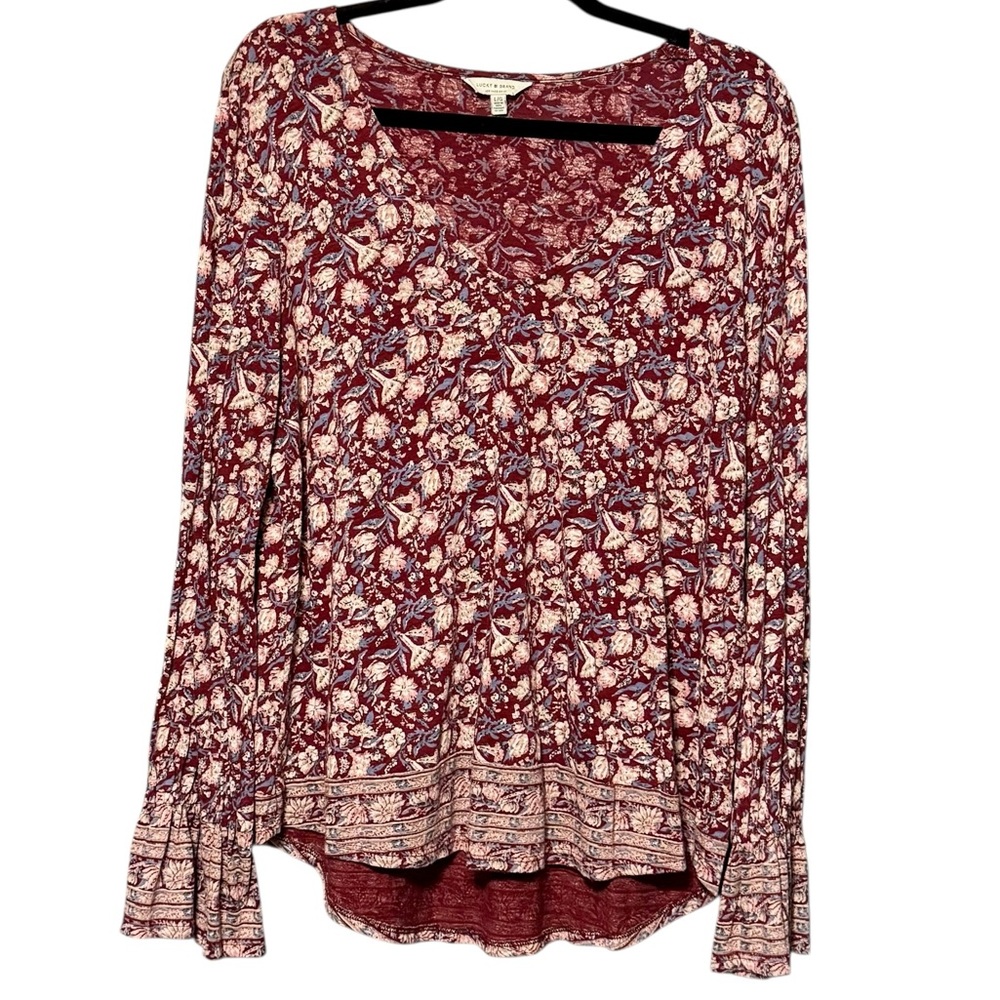 Lucky Brand Floral Burgundy Contrast Border Long Bell Sleeve Lightweight Blouse - Picture 2 of 9